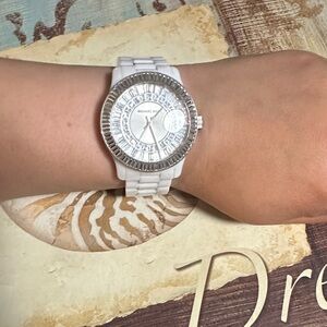 Michael Kors White Ceramic-Look Crystal Bezel Watch